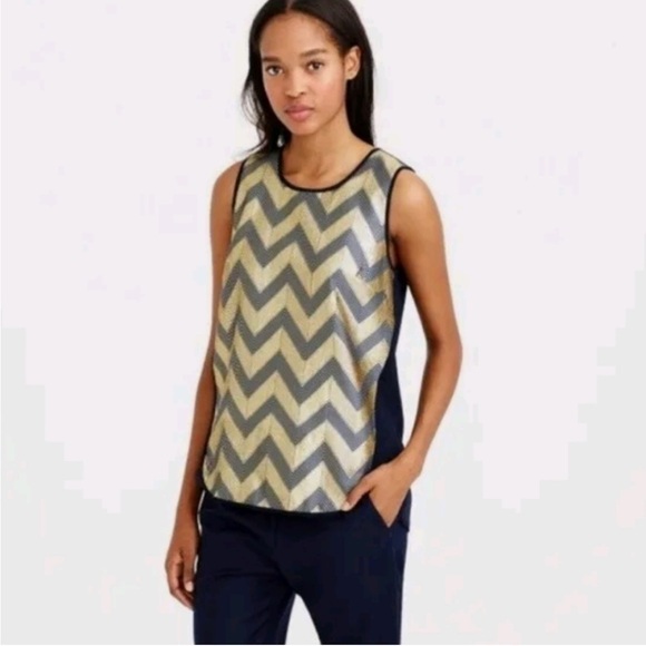 J Crew Tank Top Wool Mixed Metallic Blue Gold Gilded Chevron Shell Blouse Size 6 - Picture 1 of 11